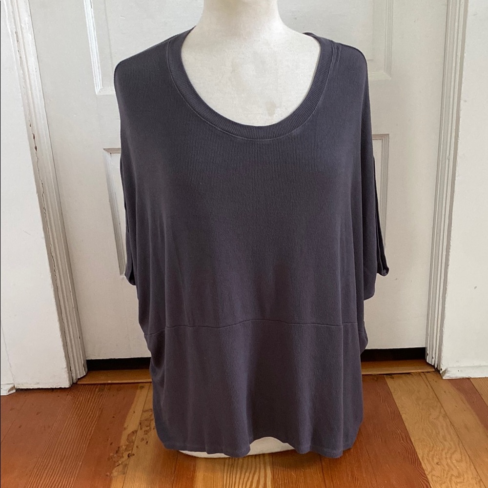 Three Dots Gray Ribbed Stretch Knit Oversized Batwing Sleeve Top Small
